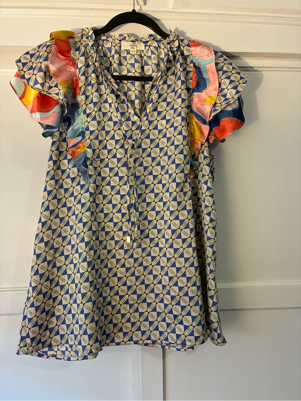 Entro Multicolor Geometric Print Ruffle Sleeve Blouse